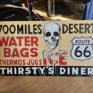 Brand New Ande Rooney Route 66 Thirsty Diner Heavily Embossed Tin Sign